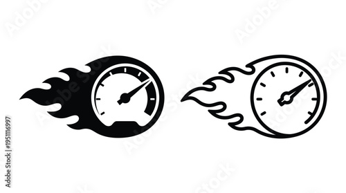 Two speedometers with flame accents depicted in a striking black silhouette