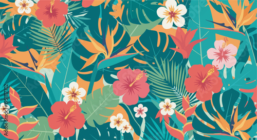 Vibrant tropical seamless pattern with hibiscus, bird of paradise flowers, and various palm leaves in teal, orange, and coral.