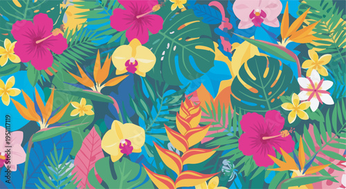 Vibrant tropical floral pattern with colorful hibiscus, orchids, bird of paradise flowers, and lush green foliage.