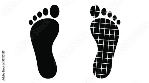 Two contrasting foot impressions one solid and one patterned presented as a stark silhouette