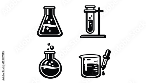 Laboratory equipment icon set including flasks and test tubes