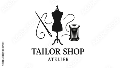A tailor shop logo with a dress form and sewing tools