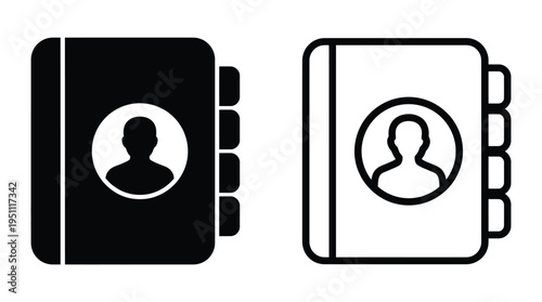 Two book icons one solid black and one outlined both featuring a portrait silhouette