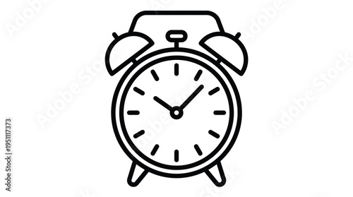 A simple black and white outline of a classic alarm clock a time telling silhouette