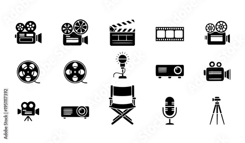 Black silhouette filmmaking and cinema icons set with camera clapperboard and projector symbols