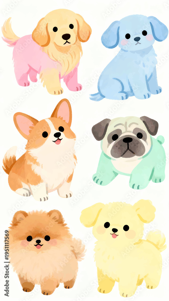 Fototapeta premium Set of cute colorful dog characters in watercolor style, kawaii puppy collection