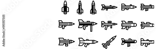 Vector Line Art Icon Set Featuring Various Rocket and Missile Designs for Aerospace Defense Technology and Military Industry Graphic Projects
