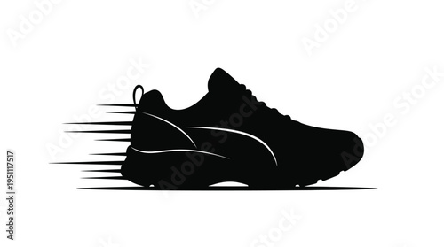 A dynamic black silhouette of a running shoe with speed lines showcasing motion silhouette