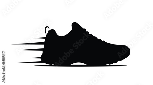 A dynamic black silhouette of a running shoe with speed lines suggesting motion silhouette