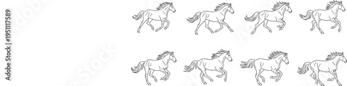 Vector Set of Hand Drawn Running Horse Outlines Featuring Galloping Stallions with Flowing Manes and Dynamic Poses for Minimalist Equestrian Art