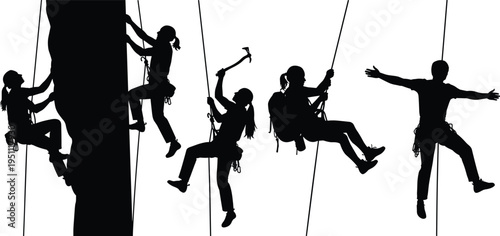 Rock climbing silhouette set, mountaineering activity, rope climbers, adventure sport concept, extreme outdoor lifestyle, isolated black figures, climbing illustration collection