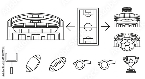 Sports Icons and Stadiums - A Line Art Collection for Game Day.