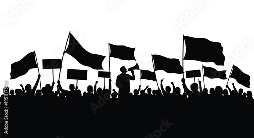 A large crowd of protestors raising flags and signs with a speaker addressing them silhouette