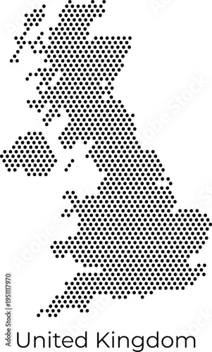Minimalist dotted map of the United Kingdom (UK). Modern black halftone vector illustration on white background, ideal for professional infographics, business presentations, and clean graphic designs.
