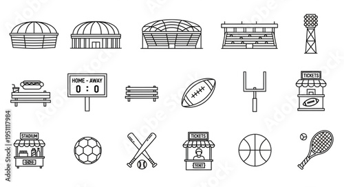 Collection of Sports Icons - Stadiums, Equipment, and Game Elements.