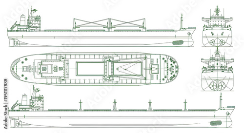 Long Cargo Ship Blueprint Vector – Freight Vessel Technical Multiview Green Outline Drawing
