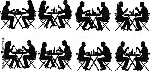 Restaurant couple silhouette set, dining people, romantic dinner scene, cafe table conversation, lifestyle concept, isolated black figures, eating illustration collection