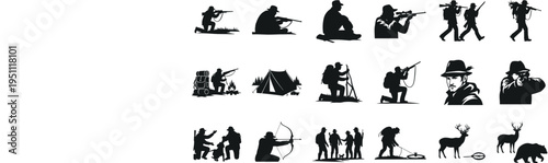Vector Silhouette Collection Featuring Hunters Archers Camping Tents and Wildlife Including Deer and Bears for Professional Outdoor Wilderness Adventure and Traditional Hunting Graphic Design Projects