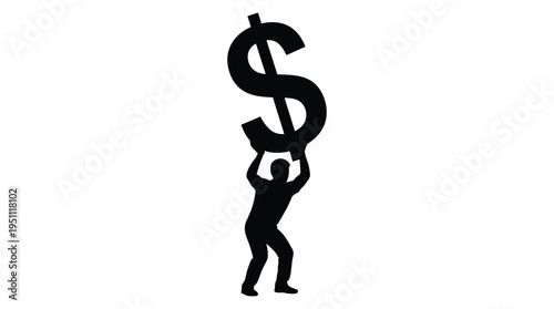 A person strains to lift a large dollar sign above their head a stark silhouette