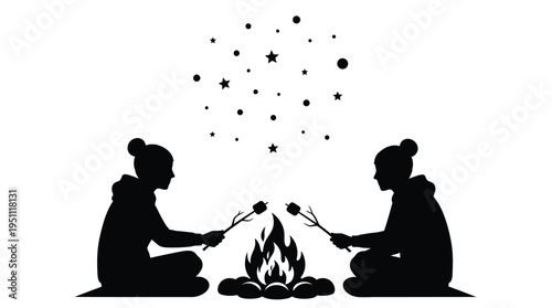 Two individuals roasting marshmallows around a campfire under a starry night sky silhouette