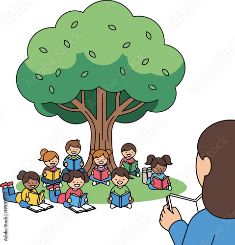 Teacher Reading Storybook to Diverse Group of Children Sitting Under Tree