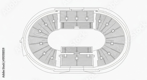 Architectural Blueprint of an Oval Stadium with Seating and Structures.