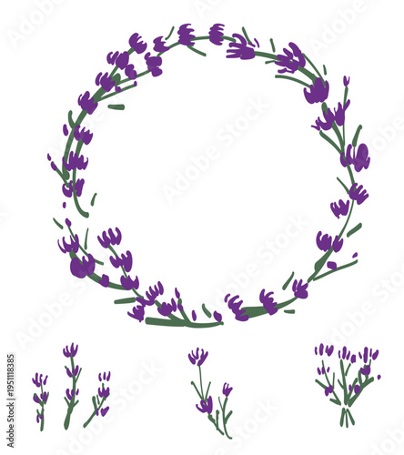 Hand-drawn lavender floral wreath, circular frame and mini botanical elements set, vector