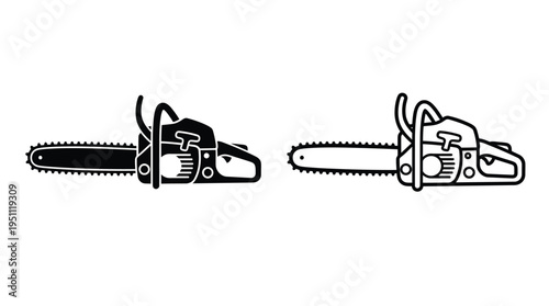 Two black and white illustrations of chainsaws side by side in a bold silhouette