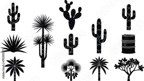 Vector Silhouette Collection of Desert Plants Featuring Saguaro Cactus Prickly Pear Yucca and Palm Trees for Arid Landscape Graphic Design