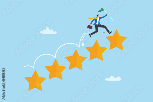 Effort to gain reputation, performance or quality feedback, review rating or quality survey measurement, excellent vote winner, appraisal or assessment, businessman jumping up 5 stars ranking.
