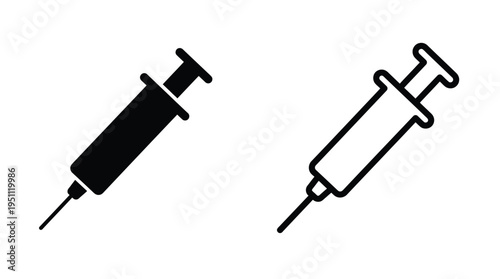 Two medical syringes are depicted in contrasting line styles a solid form and outline silhouette