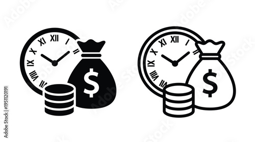 Time is money clocks money bags and stacked coins in a black graphic silhouette