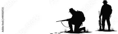 Vector Silhouette Collection of Hunters Featuring a Tracker Examining Footprints and a Standing Hunter with a Rifle for Outdoor Wilderness Sport Design