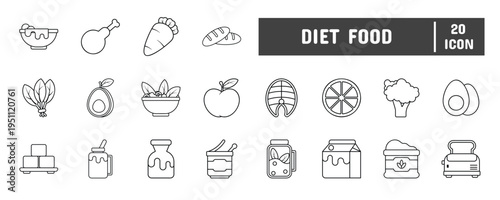 20 Diet Food Line Icon Illustration Set