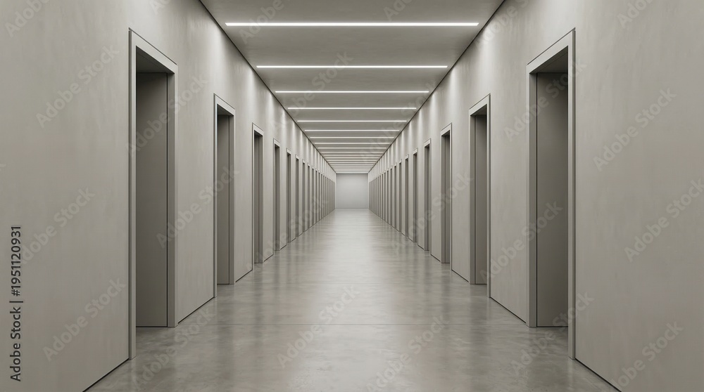Fototapeta premium Symmetric view of a long empty minimalist concrete corridor with recessed ceiling lights, modern architecture, industrial design, perspective view.