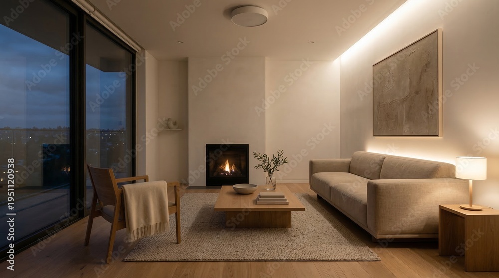 Fototapeta premium Cozy living room interior at dusk featuring a warm fireplace, beige sofa, and large windows with a city view, peaceful home life, evening relaxation.
