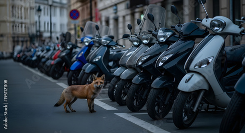 A small brown dog stands on a city street next to parked scooters.