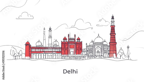 Delhi Skyline Line Art – Historic Buildings Minimal Vector Illustration