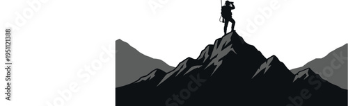 Vector Silhouette Illustration of a Hunter Standing on a High Mountain Peak Using Binoculars for Scouting During an Outdoor Wilderness Adventure Trip