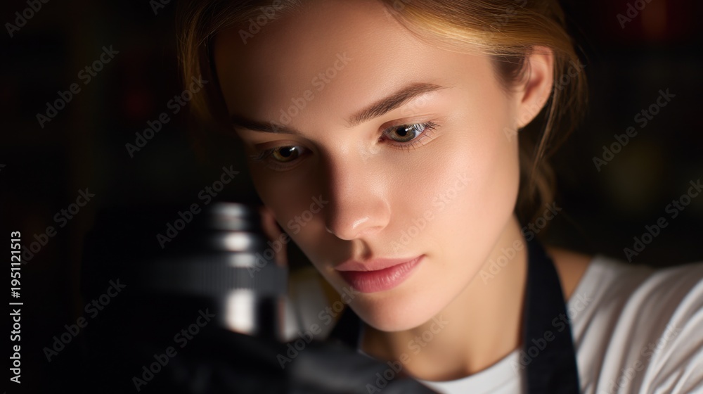 Fototapeta premium Close-up portrait of a young woman's face. she is looking directly at the camera with a serious expression. her hair is styled in loose waves and she is wearing a white t-shirt.