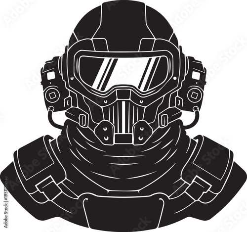 Futuristic soldier helmet vector silhouette illustration with detailed protective line art