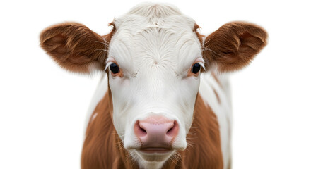 A close-up portrait of a brown and white cow looking directly at the camera