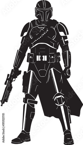 Intergalactic bounty hunter vector silhouette illustration wearing full armor and line art