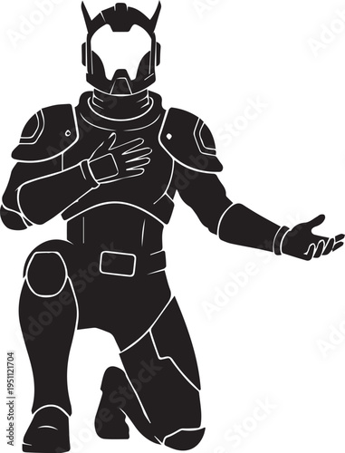 Kneeling futuristic space explorer vector silhouette illustration line art science fiction