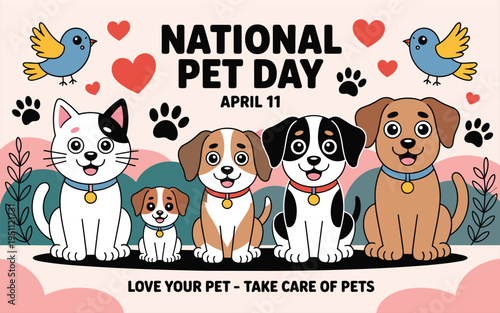 Happy cartoon pets celebrating national pet day with hearts