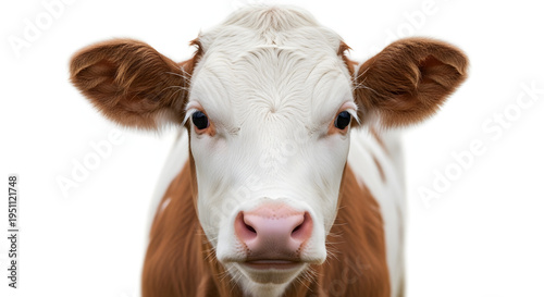 A close-up portrait of a brown and white cow looking directly at the camera