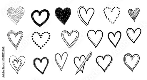 Collection of sketched hearts with different strokes and outlines