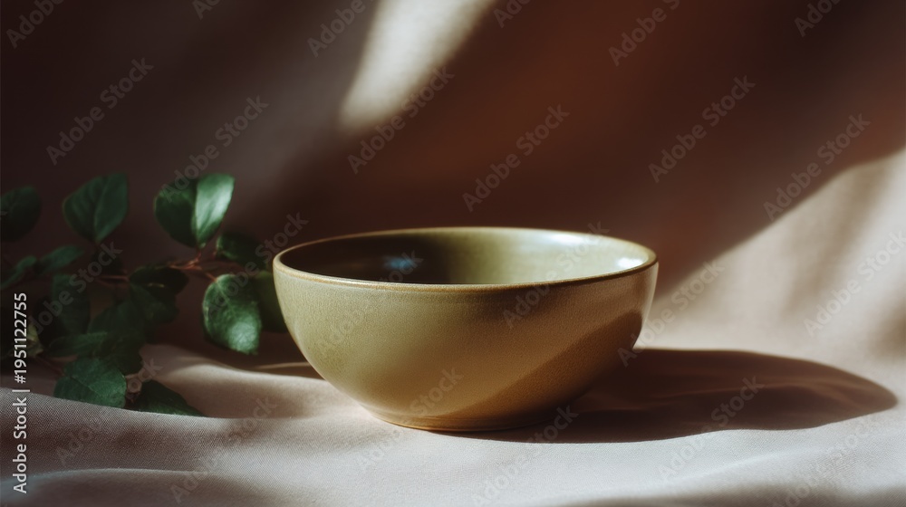 Fototapeta premium Close-up of a small bowl on a beige fabric. the bowl is light brown in color and has a smooth texture.