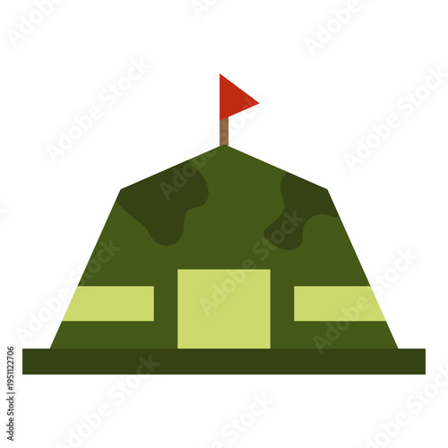 Military Tent Icon with Camouflage Pattern and Red Flag