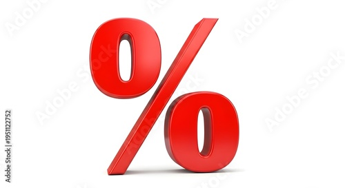 A glossy bright red percentage symbol isolated on a clean white background with soft shadows and a smooth three dimensional metallic texture